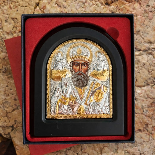 Икона Святителя Николая в раме из дерева на подставке